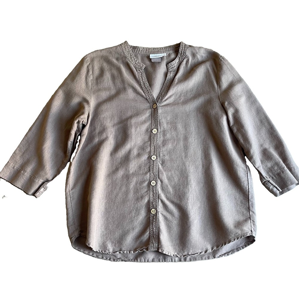 Hot Cotton Brown Linen Button Up Tunic Top Shirt Womens Large Scoop Neck